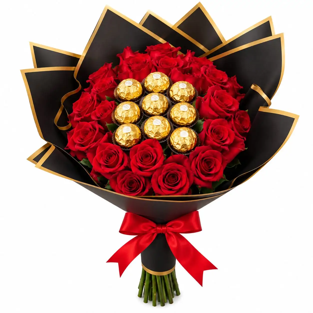 ramo de 24 rosas rojas y chocolates para regalar detalle romántico con delivery de flores en Lima