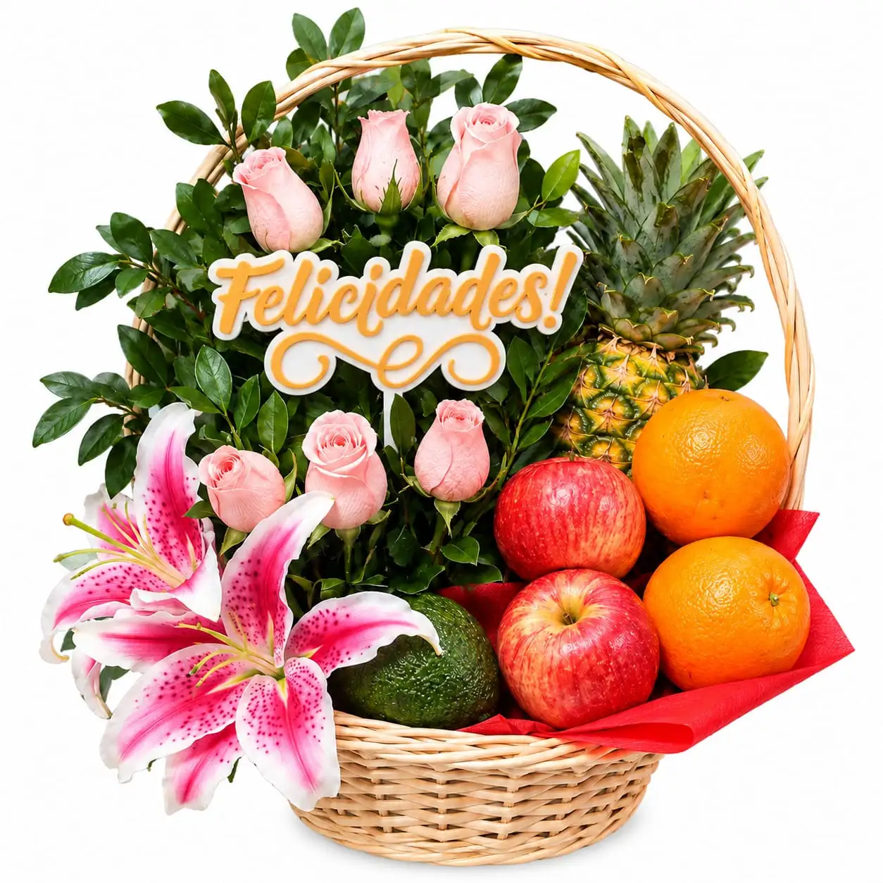 canasta de frutas frescas y flores para felicitaciones regalo especial con delivery a domicilio en Lima